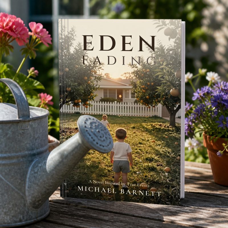 Eden Fading paperback on a garden table beside a watering can and flowers