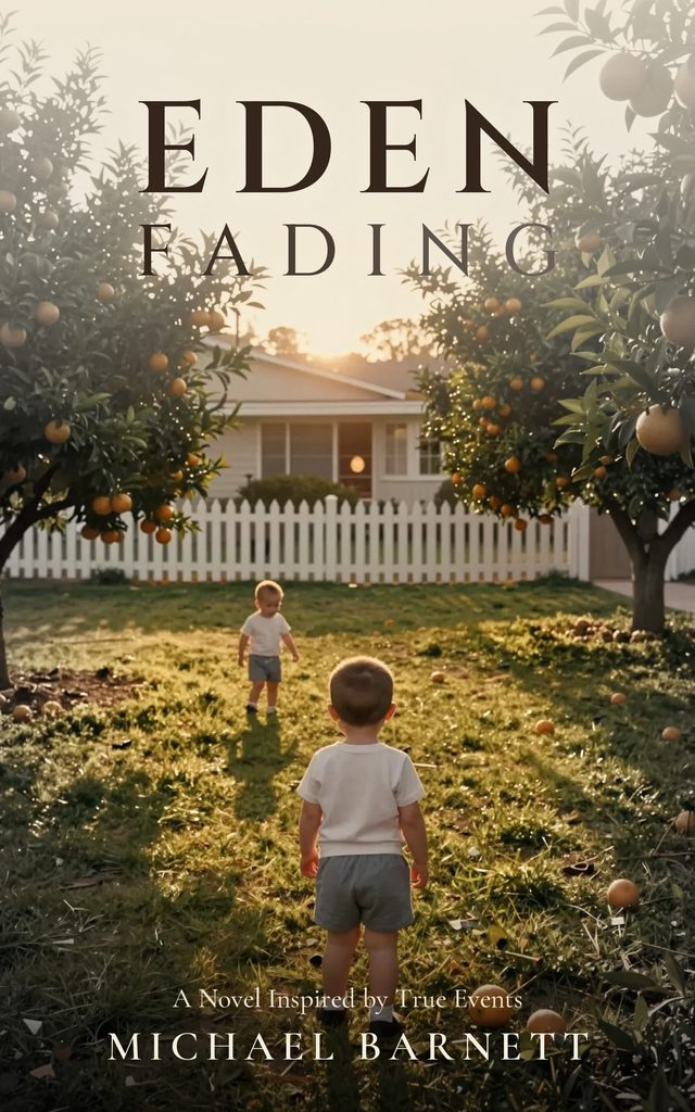 Eden Fading cover: two young brothers in a golden 1960s orange orchard