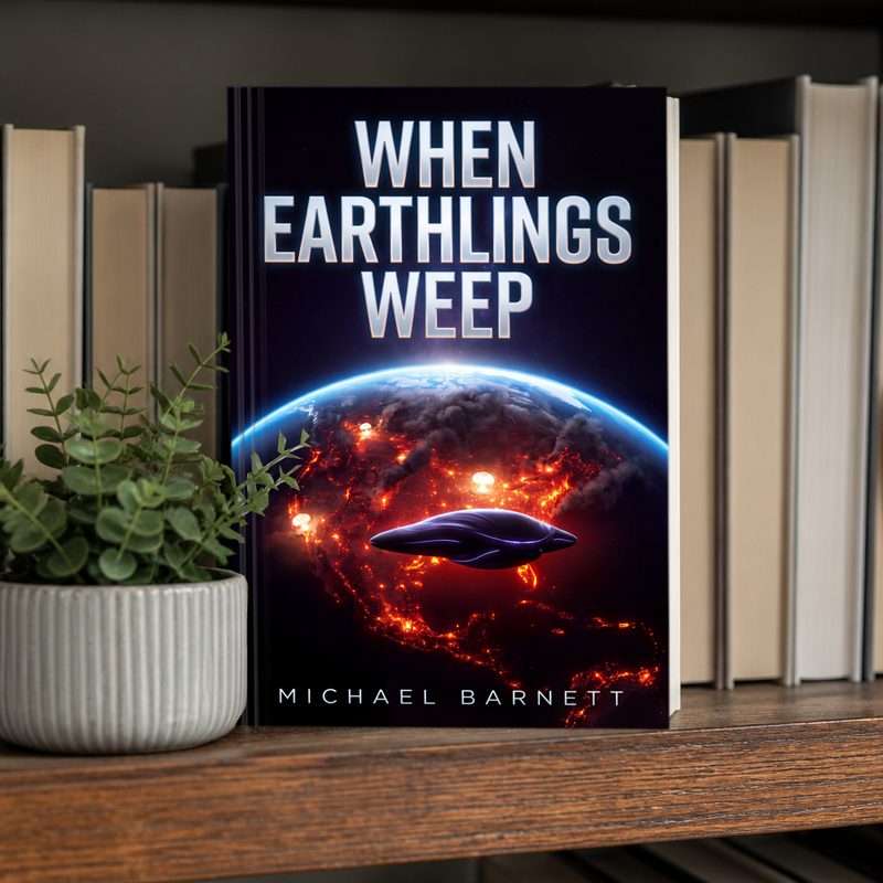 When Earthlings Weep paperback standing on a wooden bookshelf beside a potted plant