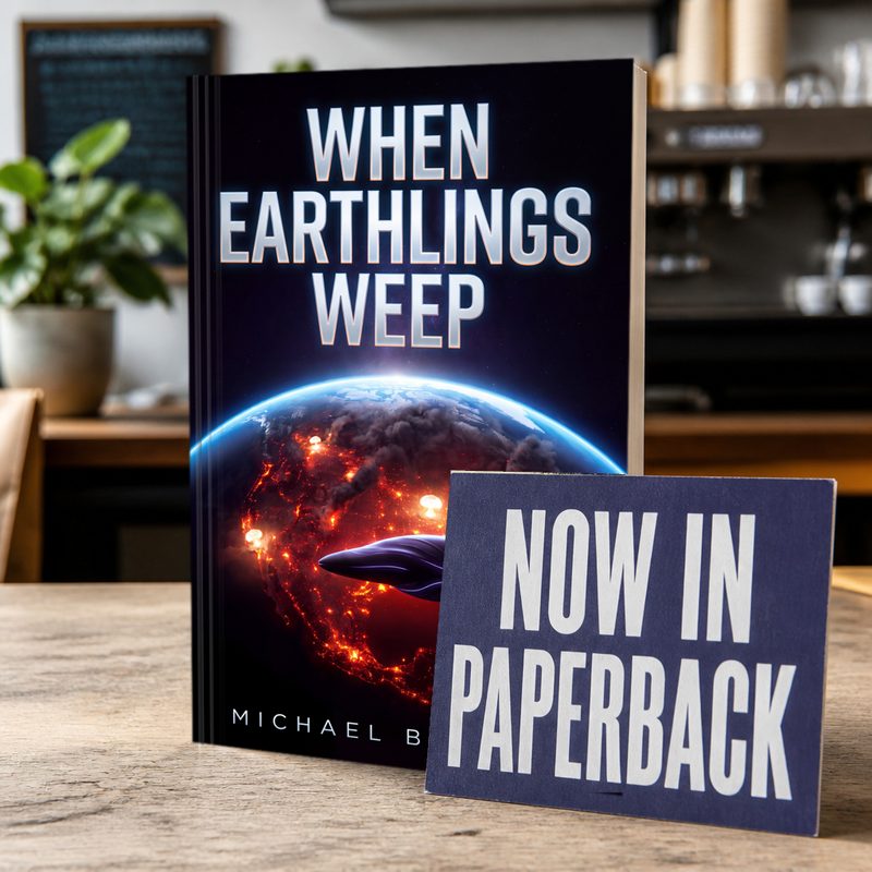 When Earthlings Weep paperback on a cafe table next to a sign reading Now in Paperback