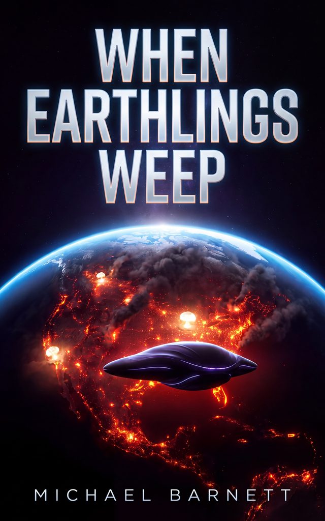 When Earthlings Weep cover: a burning Earth seen from orbit with an alien ship in front of it